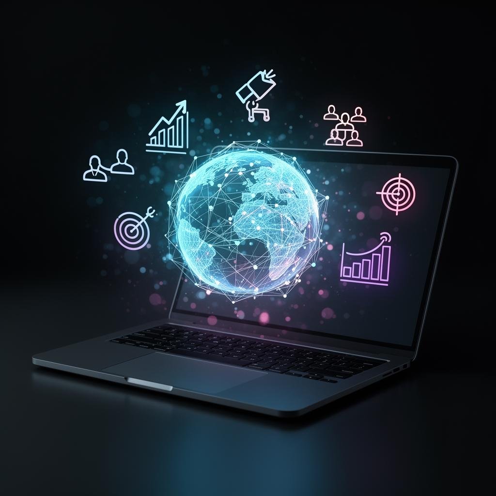 Glowing digital globe with marketing icons floating above a sleek laptop on a dark background